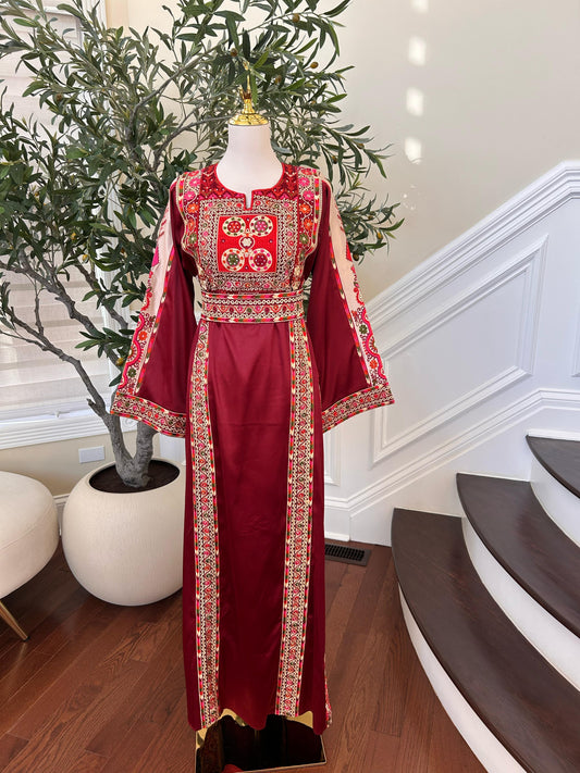 Red Embroidery Tatreez Satin Thobe