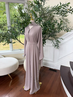 Tan Beaded Elegance Floral Abaya