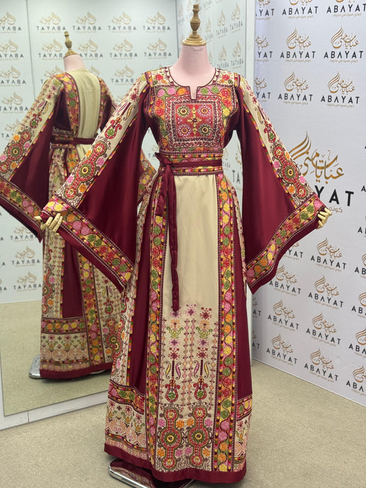 Burgundy & Cream Palestinian Embroidered Thobe – Multicolor Tatreez Maxi Dress with Wide Sleeves”