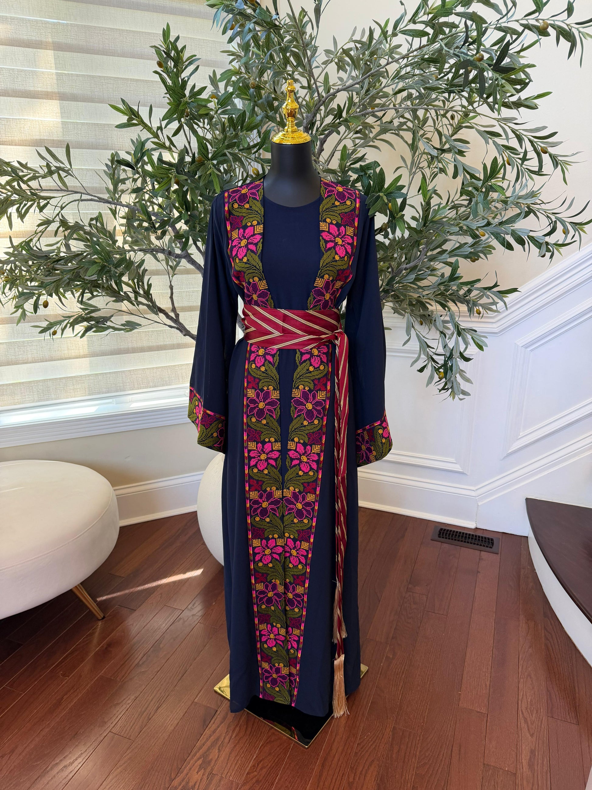 Navy Blue Embroidery Floral Tatreez Thobe
