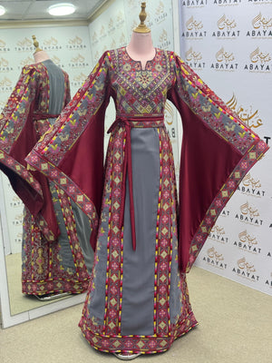 Maroon & Gray Palestinian Embroidered Thobe – Traditional Tatreez Maxi Dress A09042025