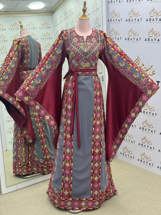 Maroon & Gray Palestinian Embroidered Thobe – Traditional Tatreez Maxi Dress A09042025