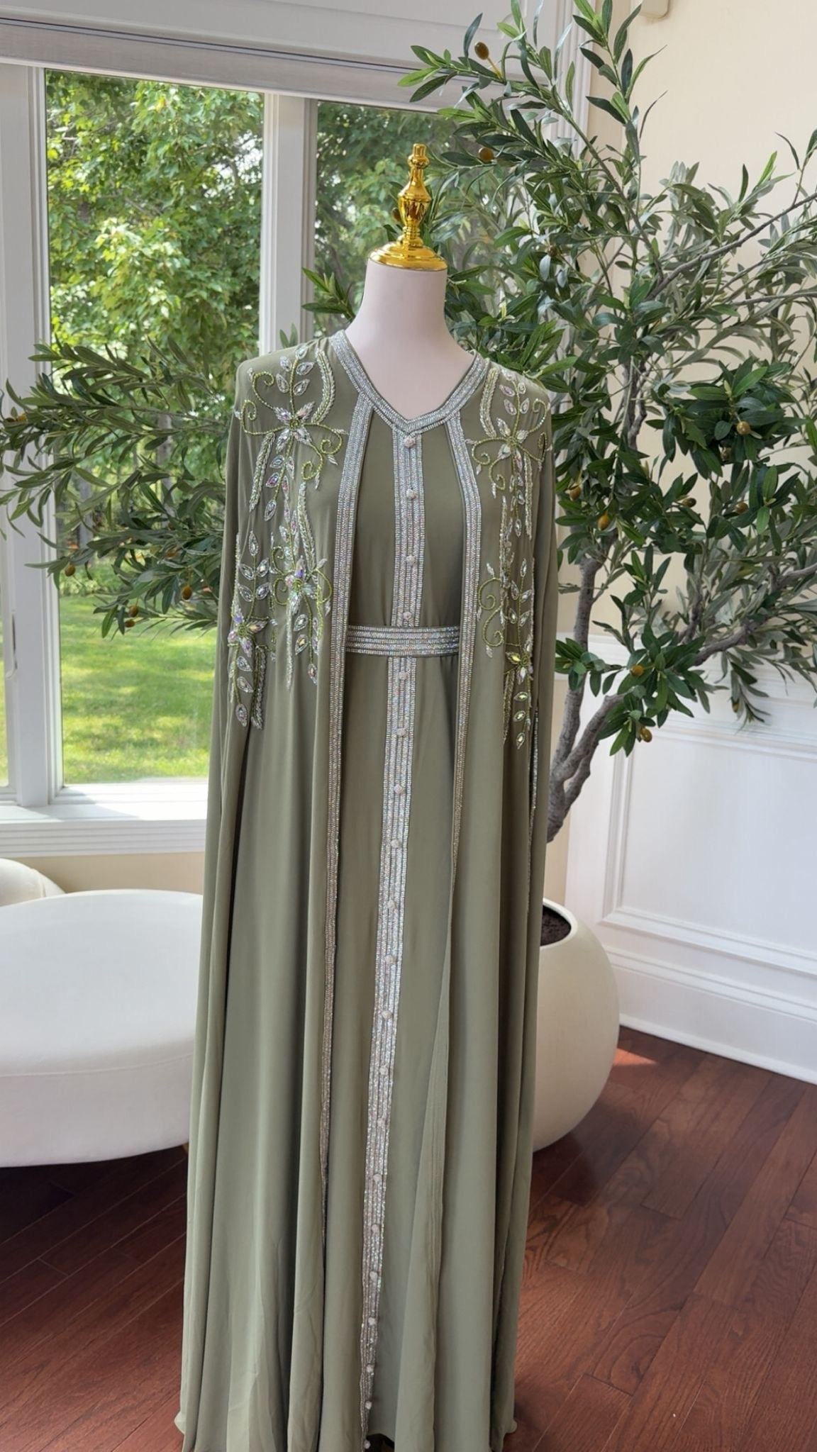 Sage Green Embellished Chiffon Kaftan Crystal Vine Detail