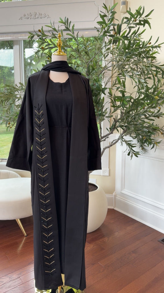 Night Whispers | Matte Black Crepe Fabric Abaya with Detail