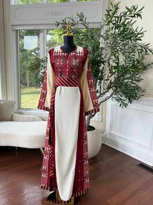Embroidery Red Tatreez Off White Thobe