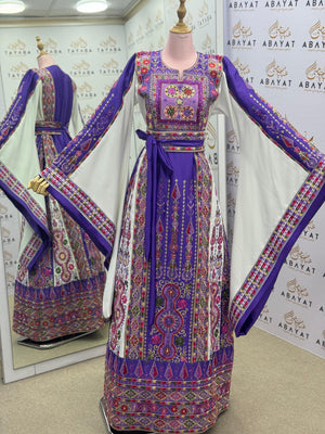 Purple & White Palestinian Embroidered Thobe – Traditional Tatreez A09042025