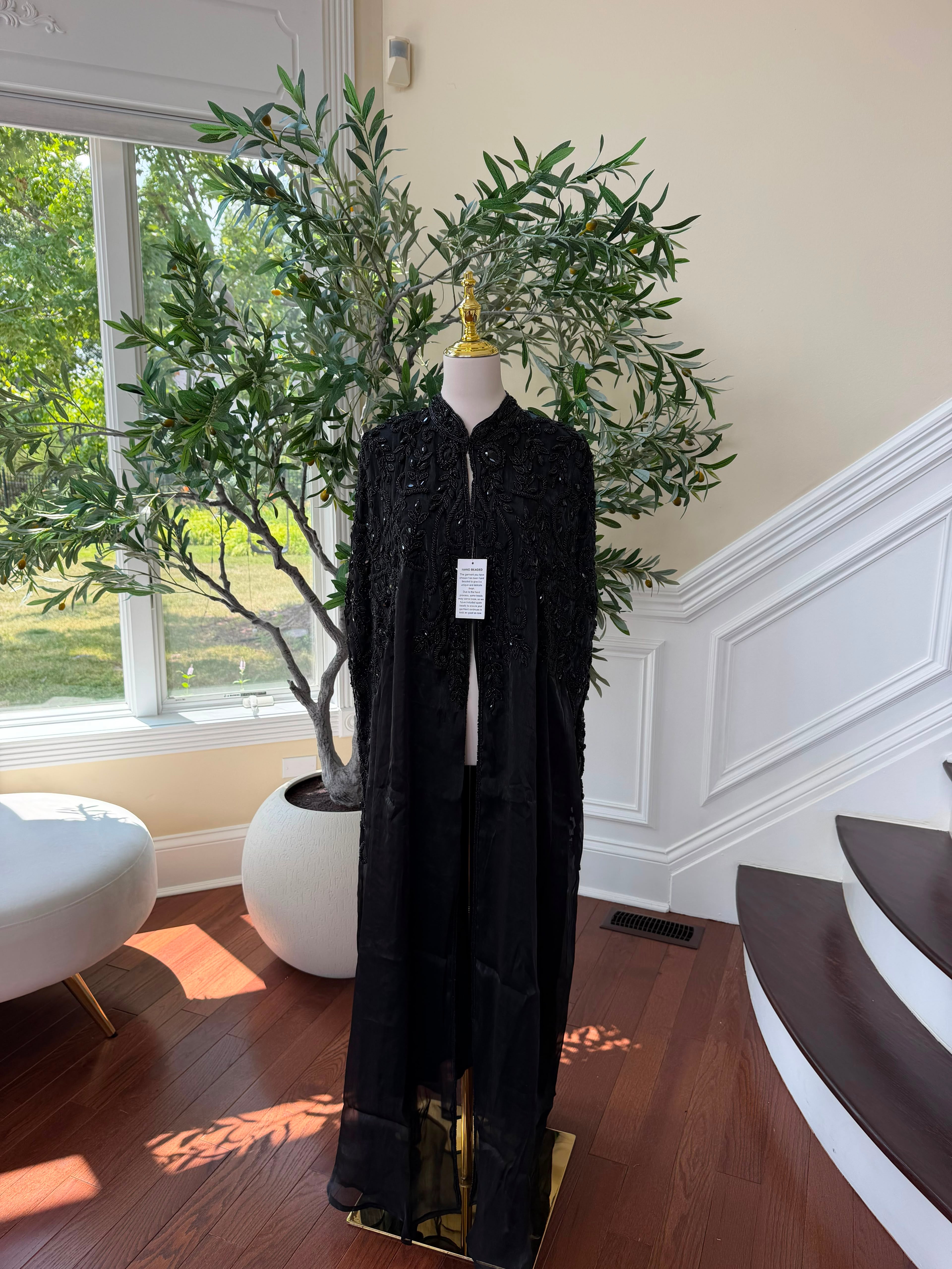 Black Beaded Elegance Cardigan Abaya