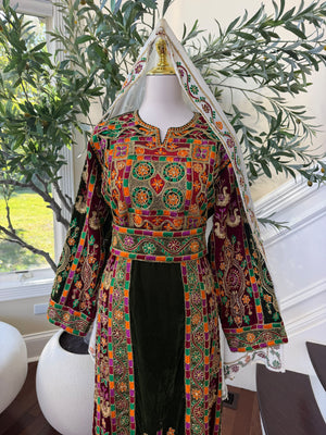 Elegant Black Velvet Thobe with Vibrant Multicolor Traditional Embroidery(scarf not included)