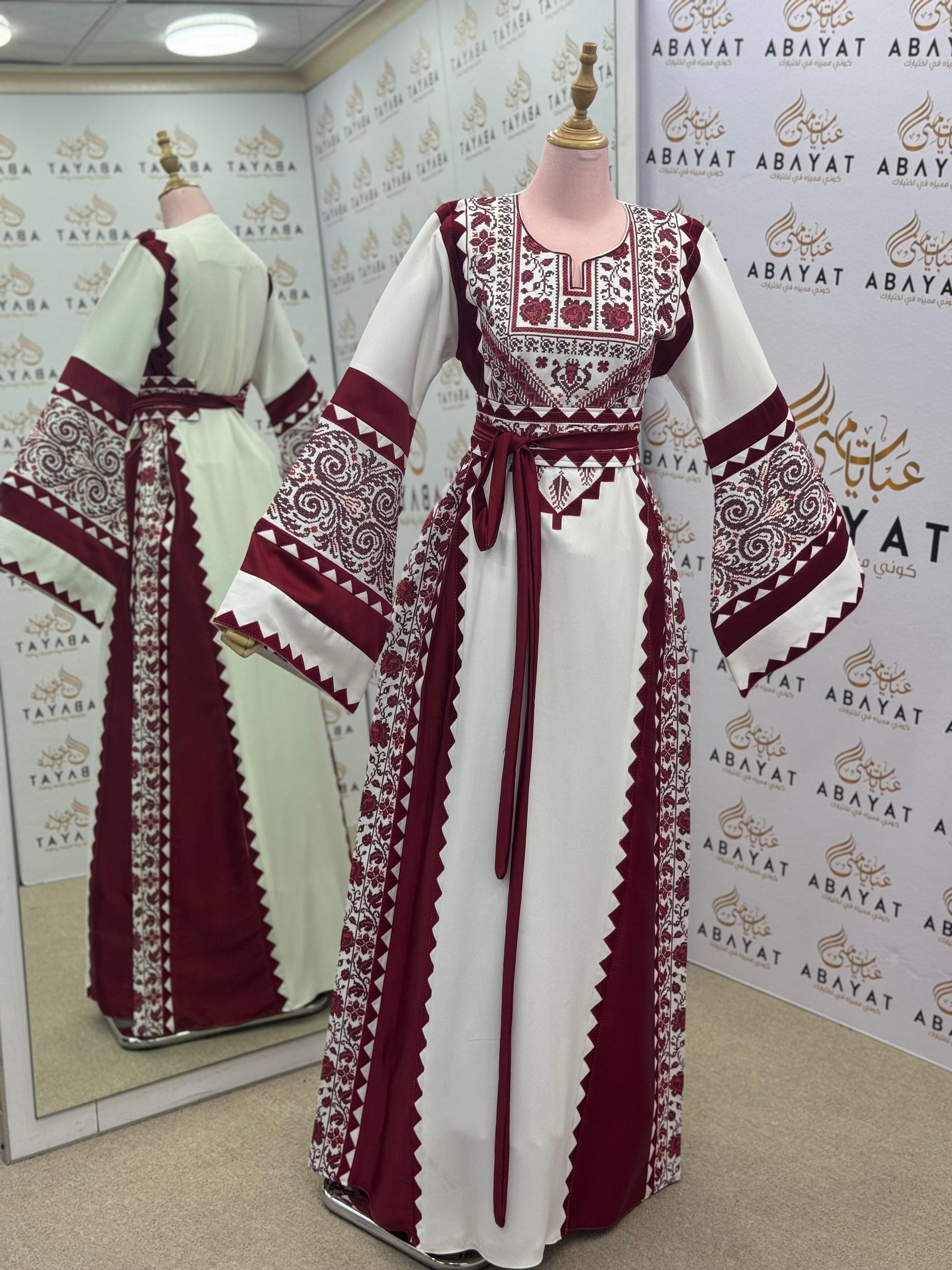 Burgundy & White Palestinian Embroidery Thobe – Traditional Elegance A09072025