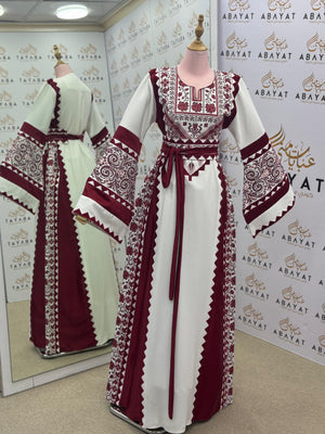 Burgundy & White Palestinian Embroidery Thobe – Traditional Elegance A09072025