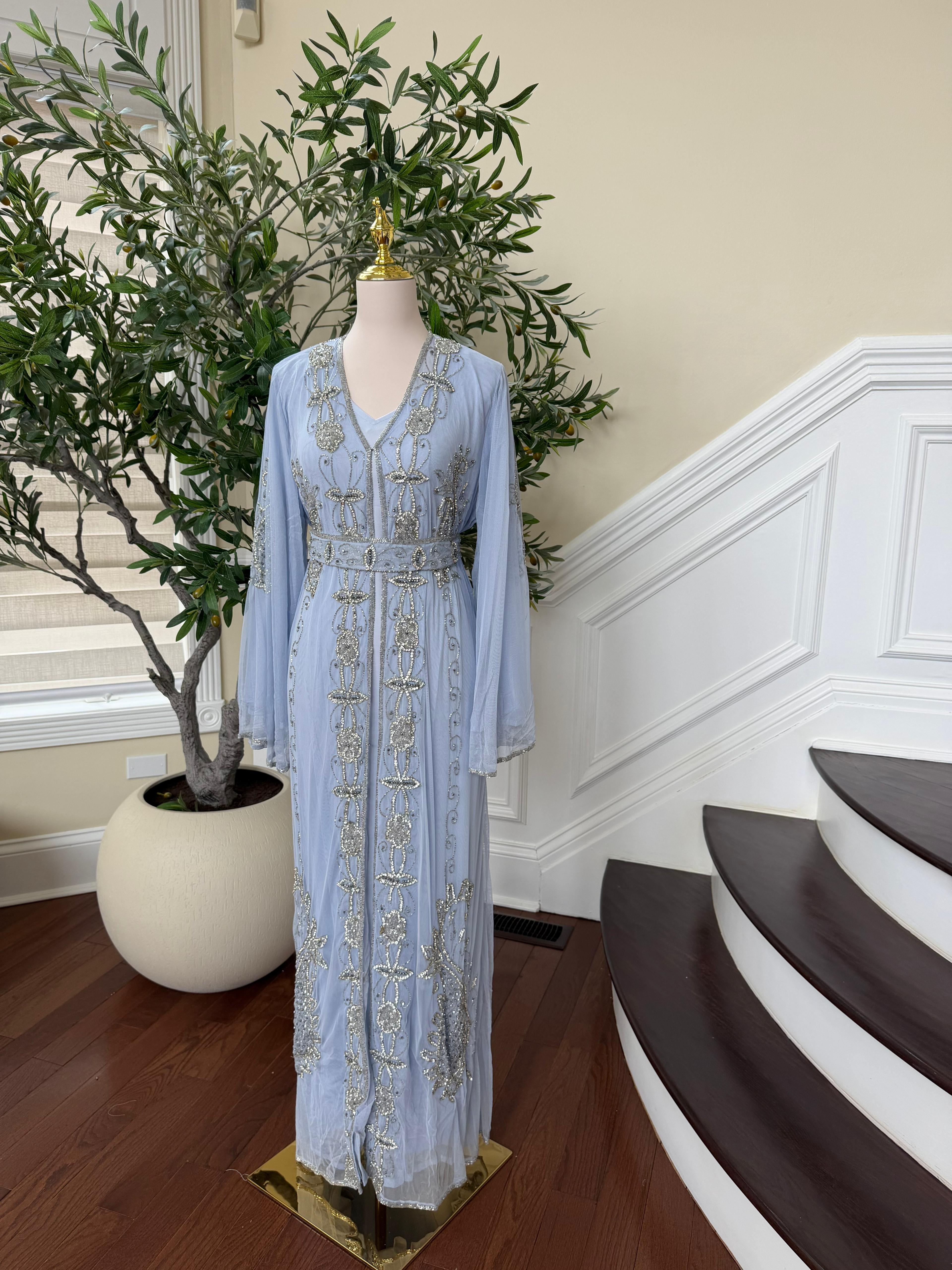 Baby Blue Silver Stone Beaded Abaya
