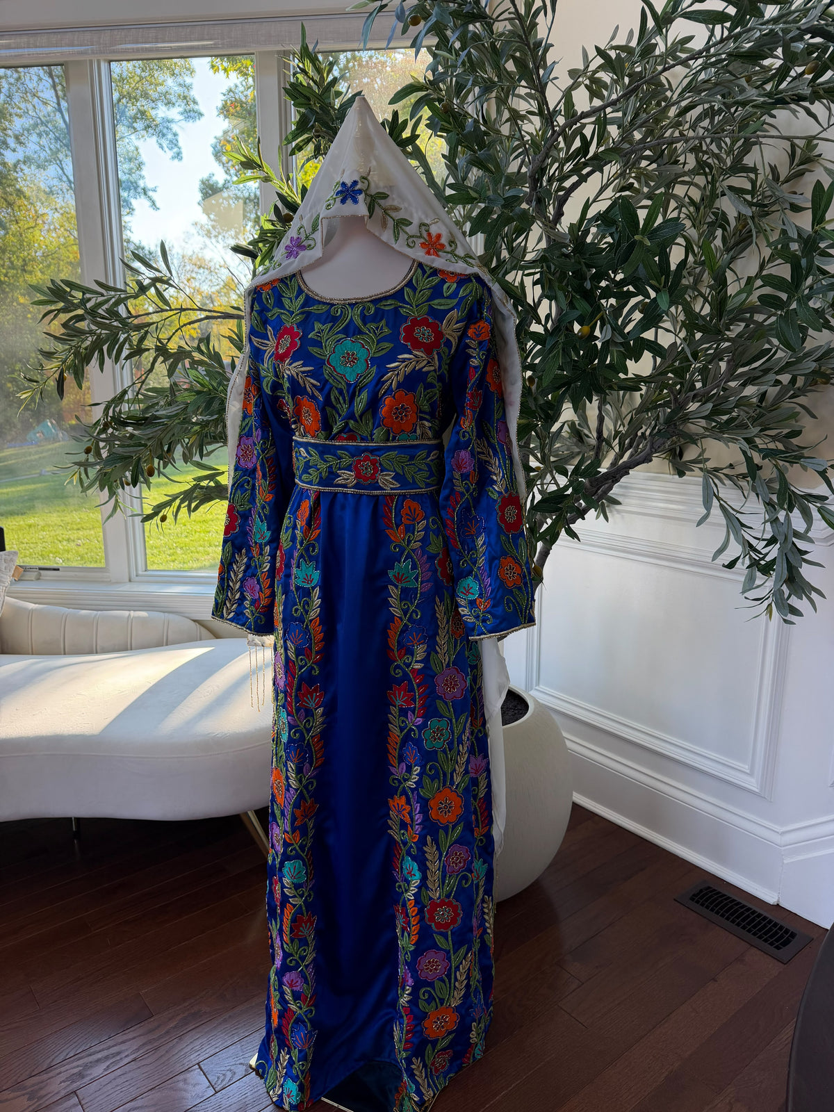 Elegant Royal Blue Floral Embroidered Palestinian Stone Thobe (scarf not included)