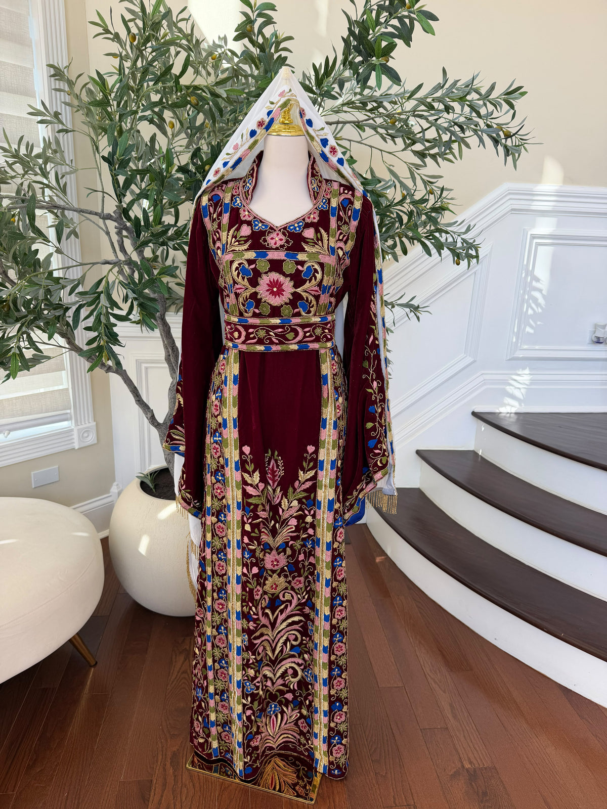 Elegant Burgundy Velvet Palestinian Thobe with Colorful Floral Embroidery(scarf not included)