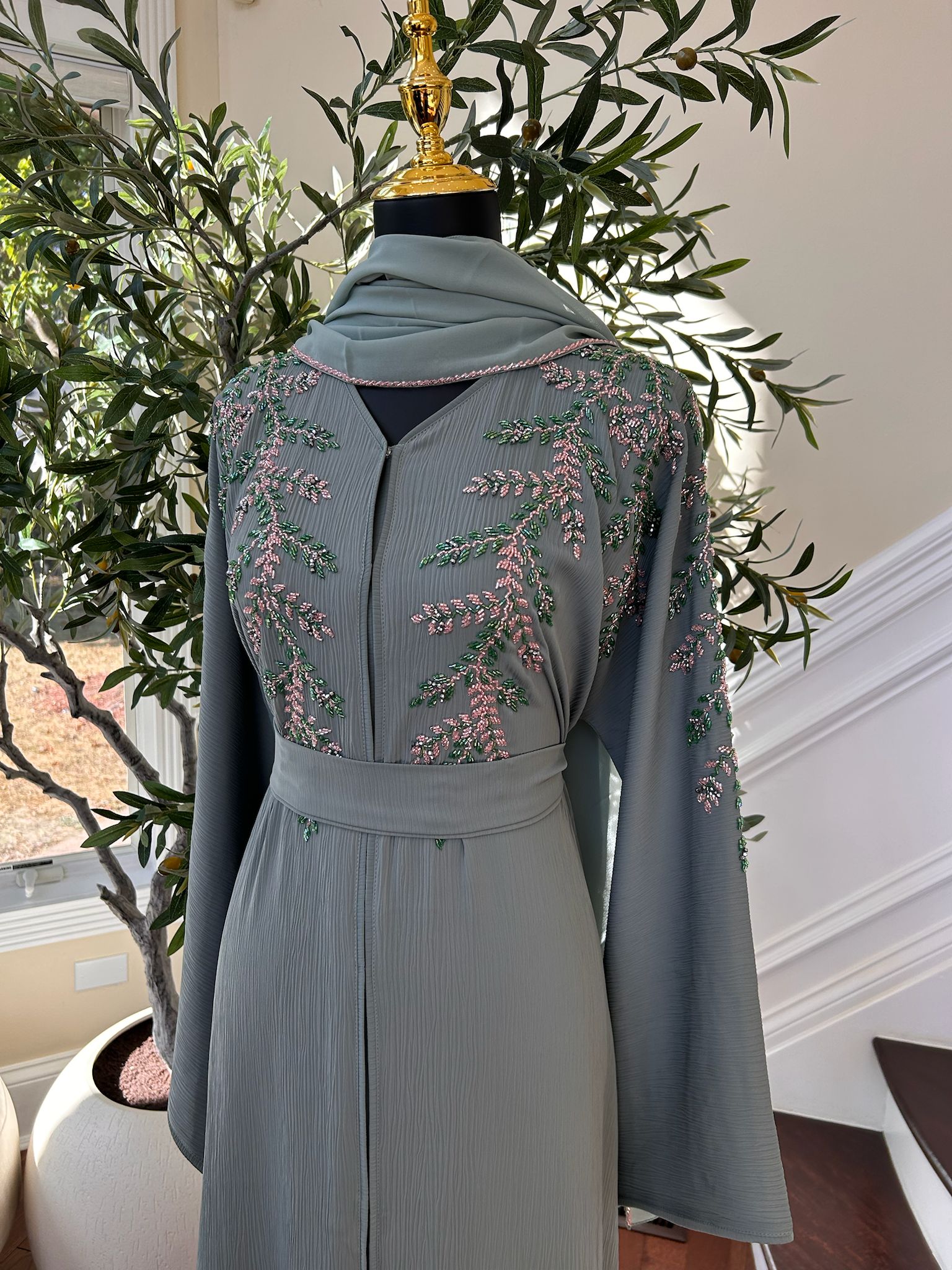 Mint Green Elegance Beaded Charm Abaya