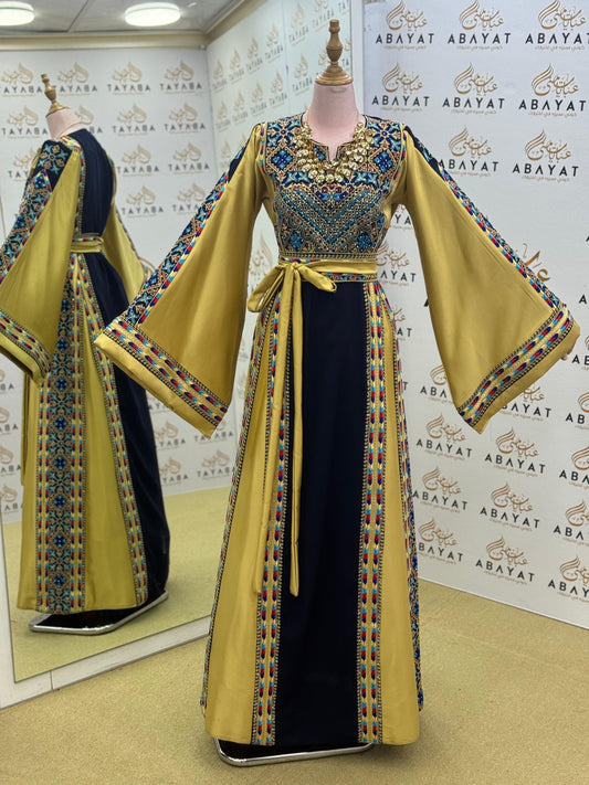 Royal Tatreez Dress – Gold Sleeve Couture