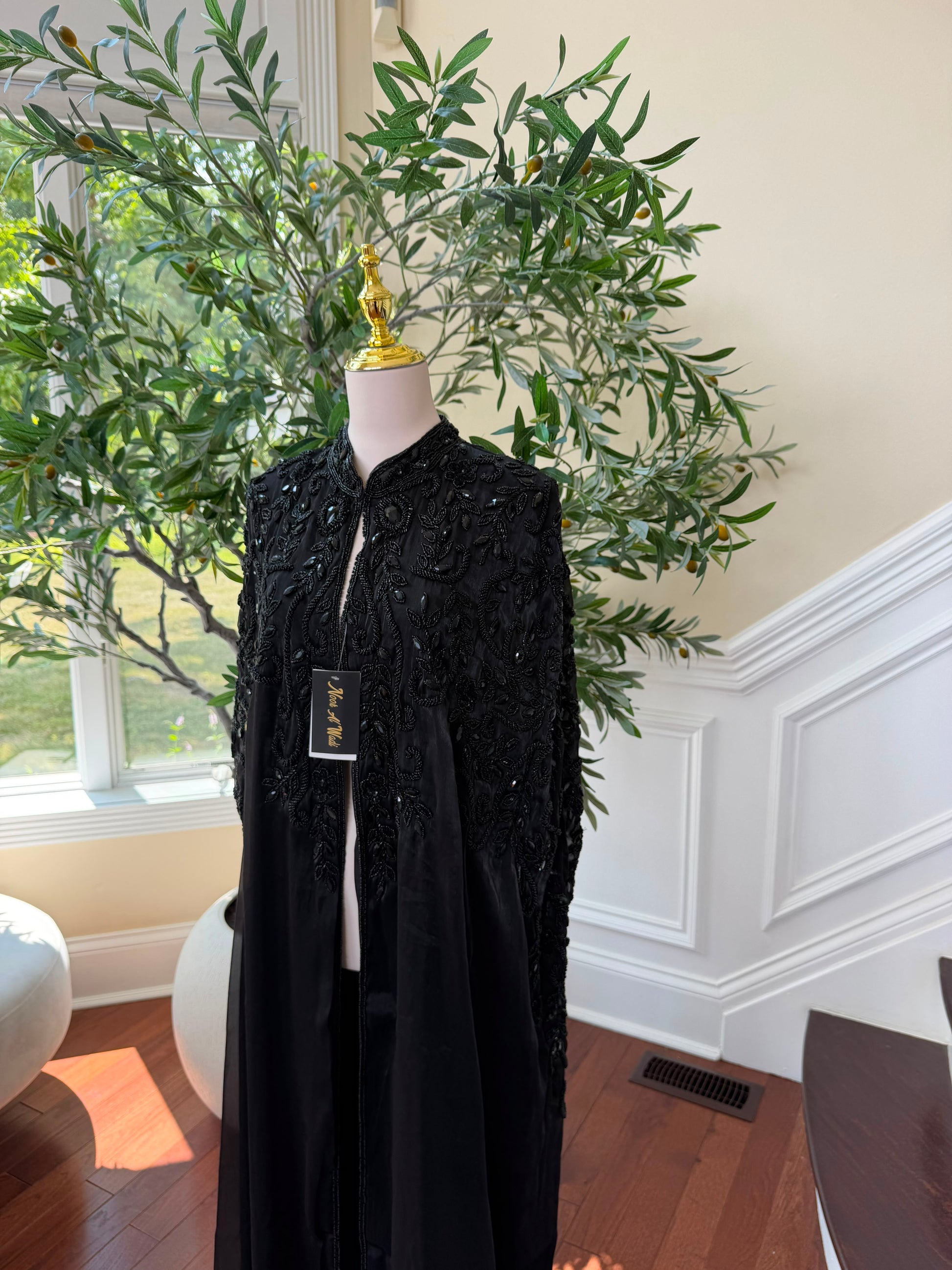 Black Beaded Elegance Cardigan Abaya