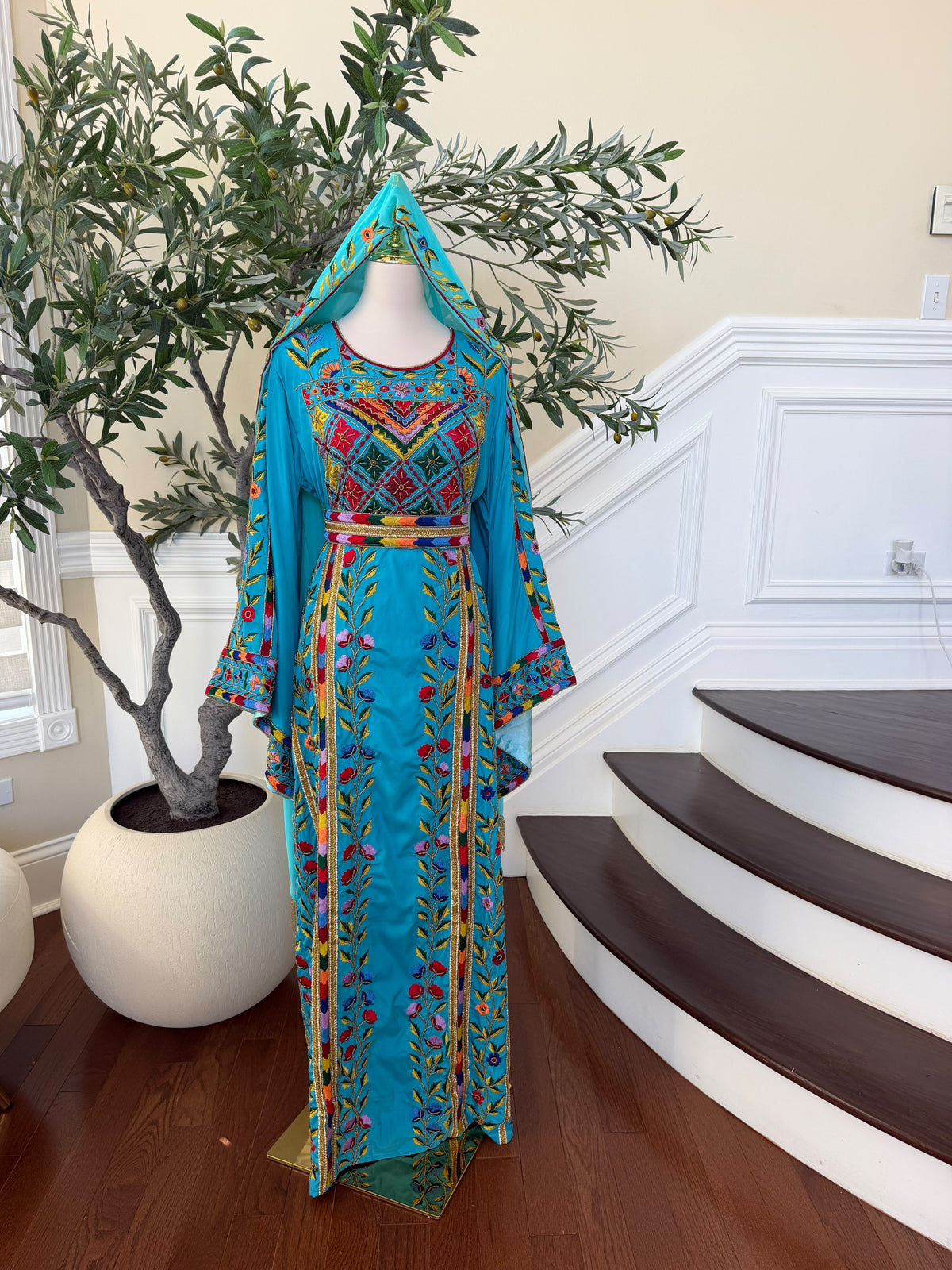 Turquoise Floral Embroidered Palestinian Thobe – Scarf Not Included