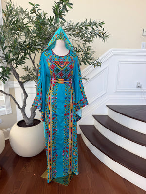 Turquoise Floral Embroidered Palestinian Thobe – Scarf Not Included