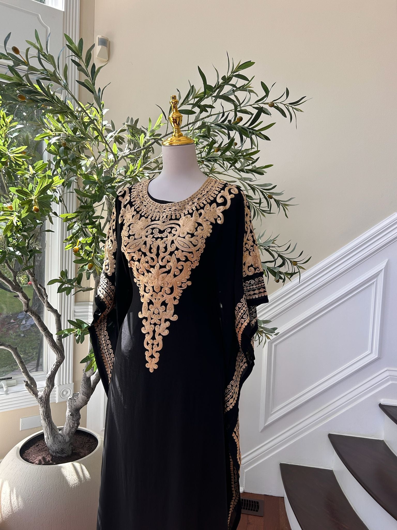 Luxury Black & Gold Embroidered Kaftan Gown