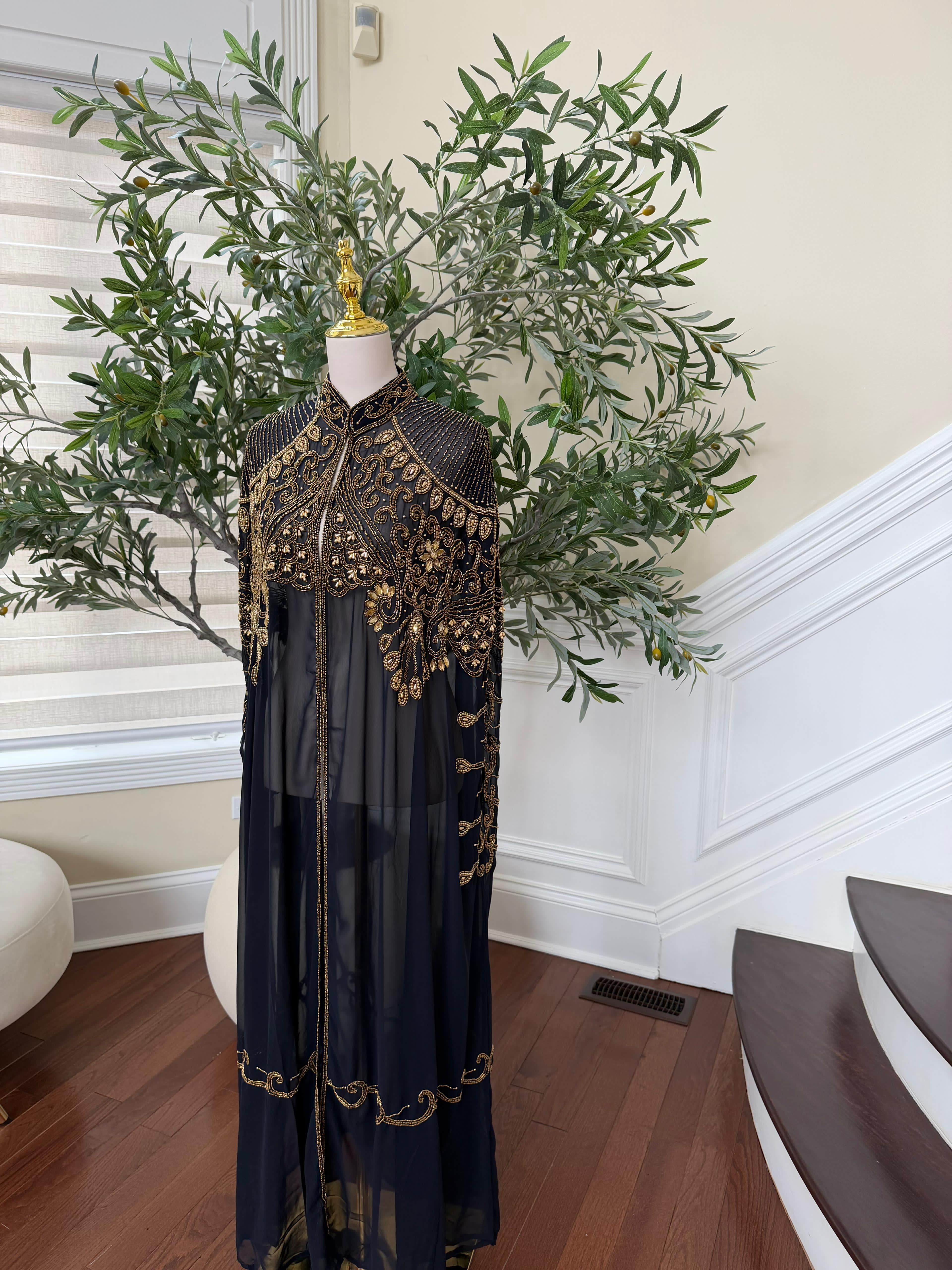 Navy Blue Golden Sequence Stone Cardigan Abaya