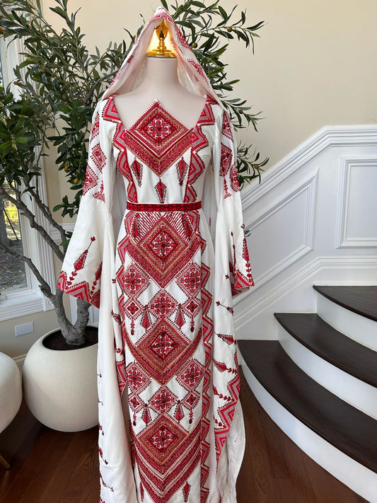 White Elegance Red Tatreez Thobe Dress / Khirka Shal included