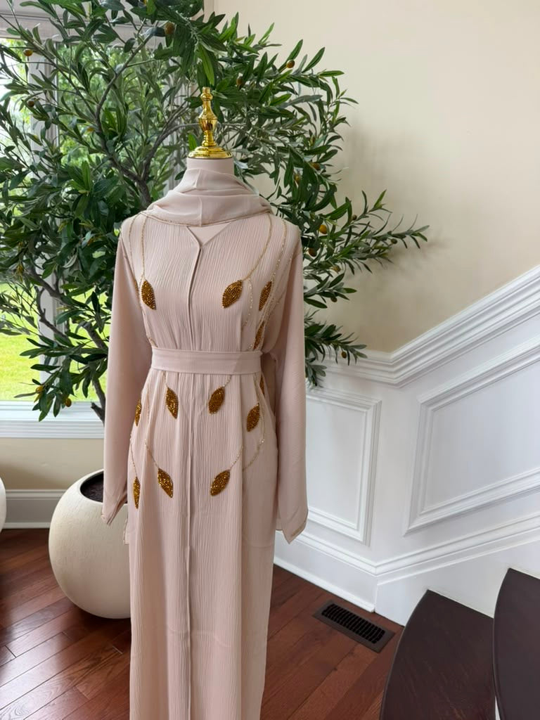 Cream Golden Beaded Essence Abaya