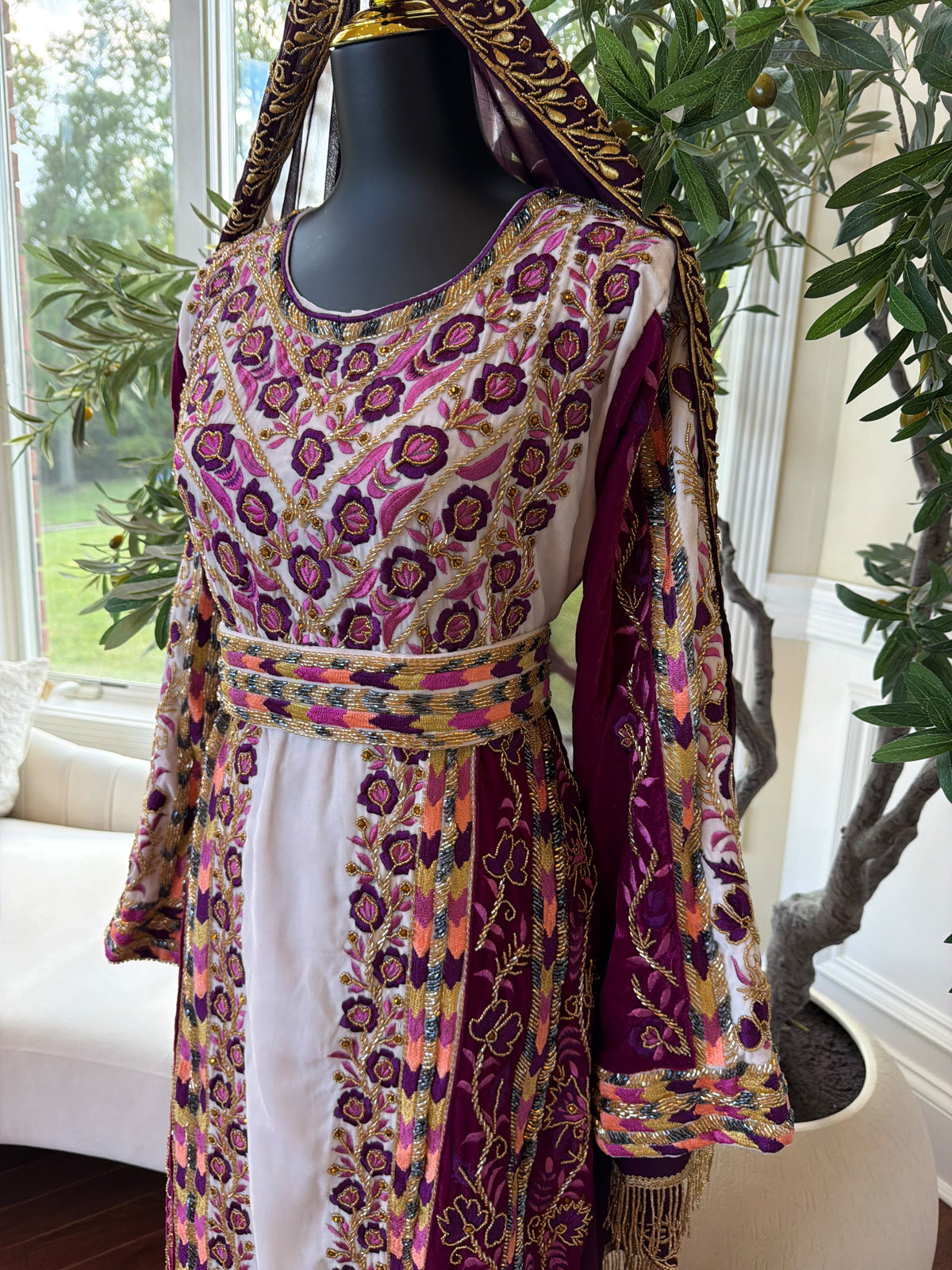 Elegant Purple and Cream Thobe with Intricate Floral Embroidery and Gold Accents (scarf not included)