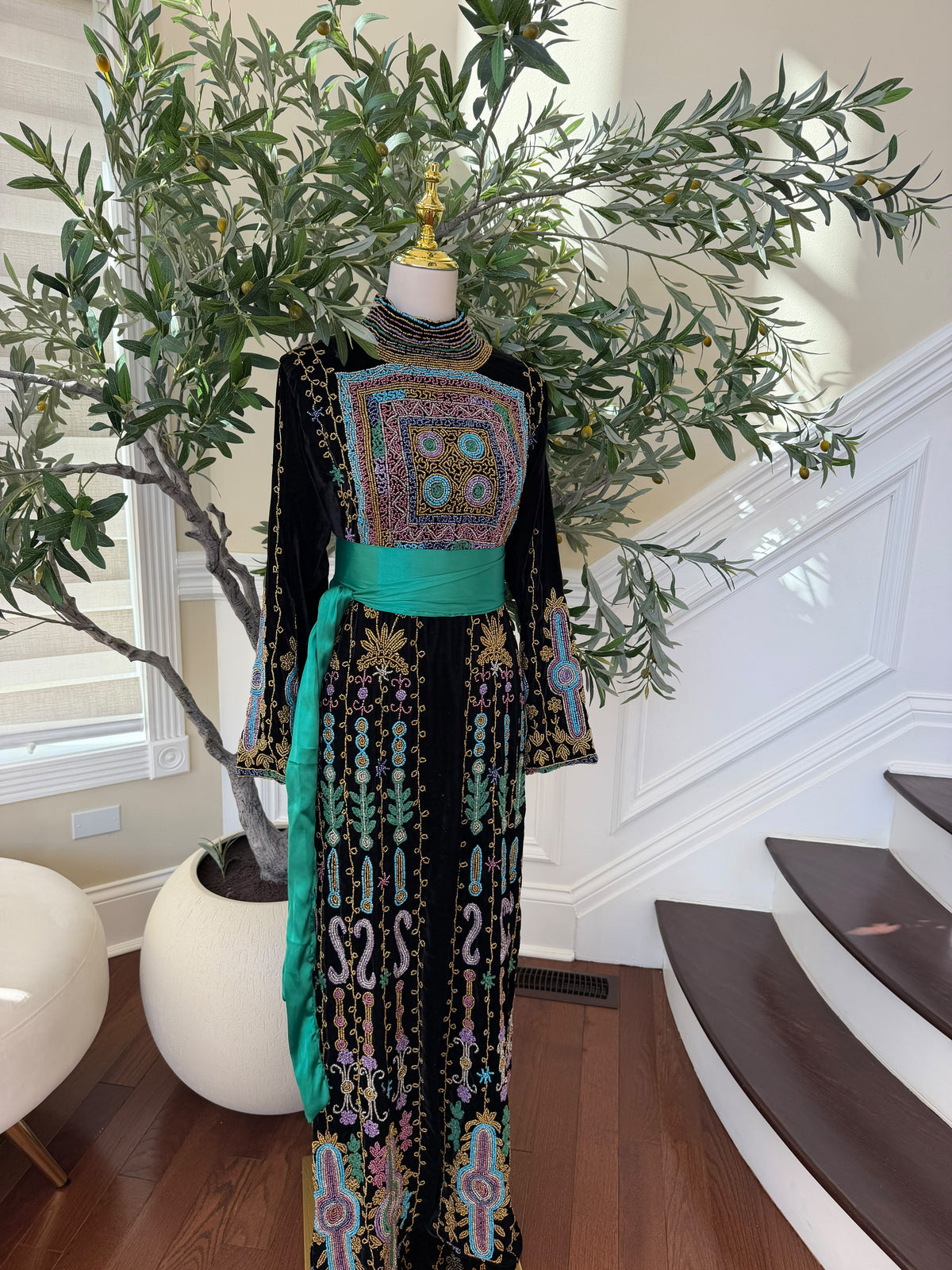 Elegant Black Palestinian Embroidered Thobe with Multicolor Detailing and Turquoise Sash (scarf not included)