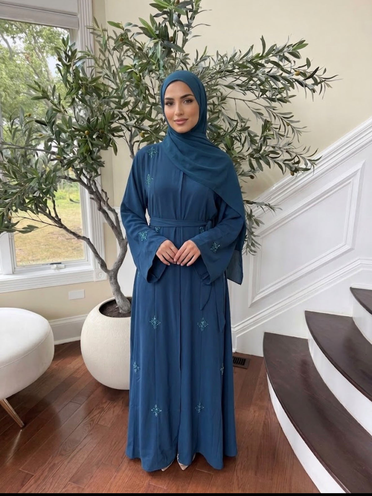 Turquoise Nada Fabric Charm Beaded Elegance Abaya