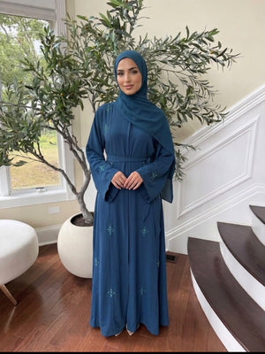Turquoise Nada Fabric Charm Beaded Elegance Abaya