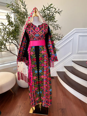 Black Floral Embroidered Tatreez Pink Thobe