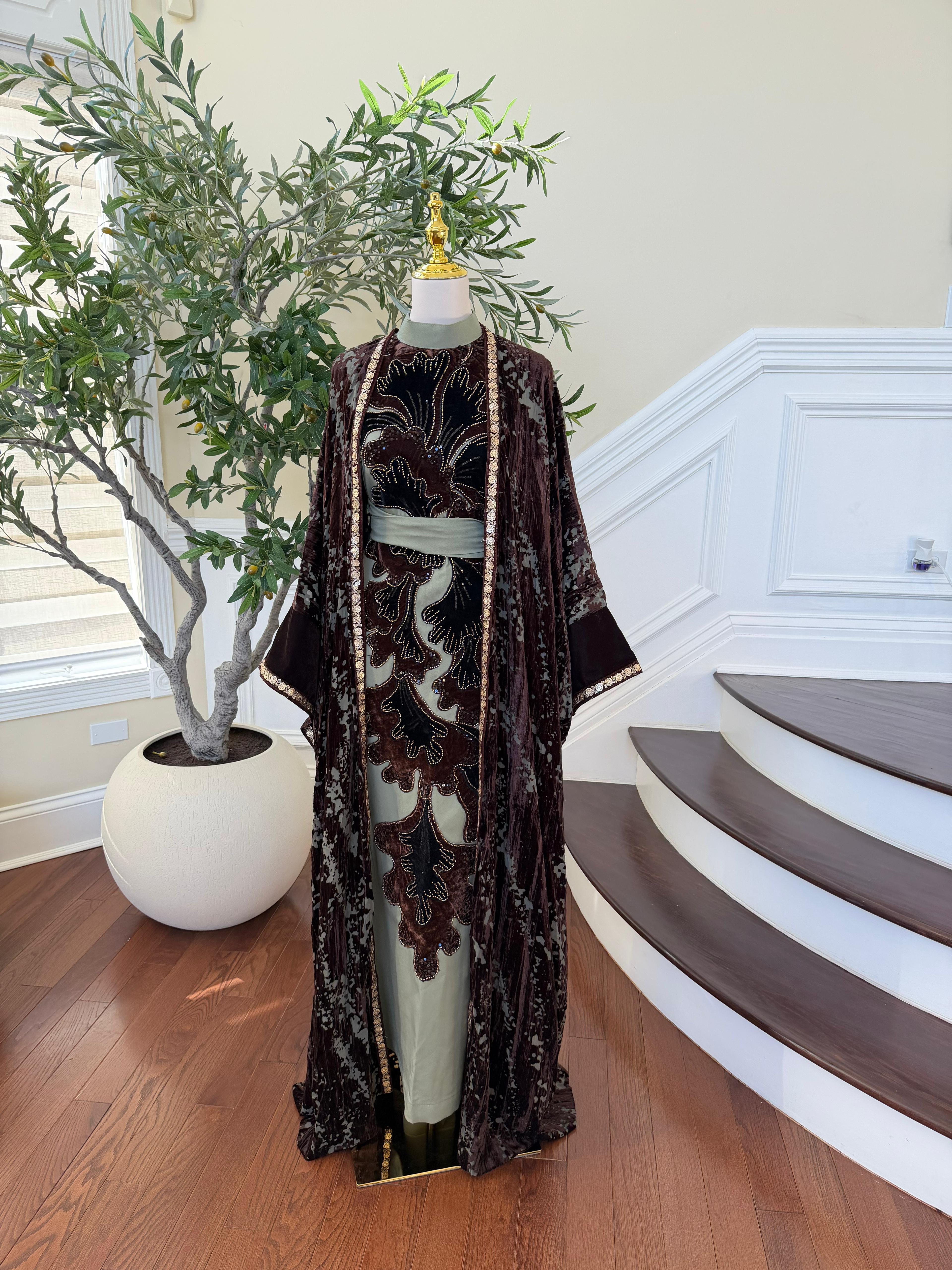 Olive Green Brown Two Piece Abaya