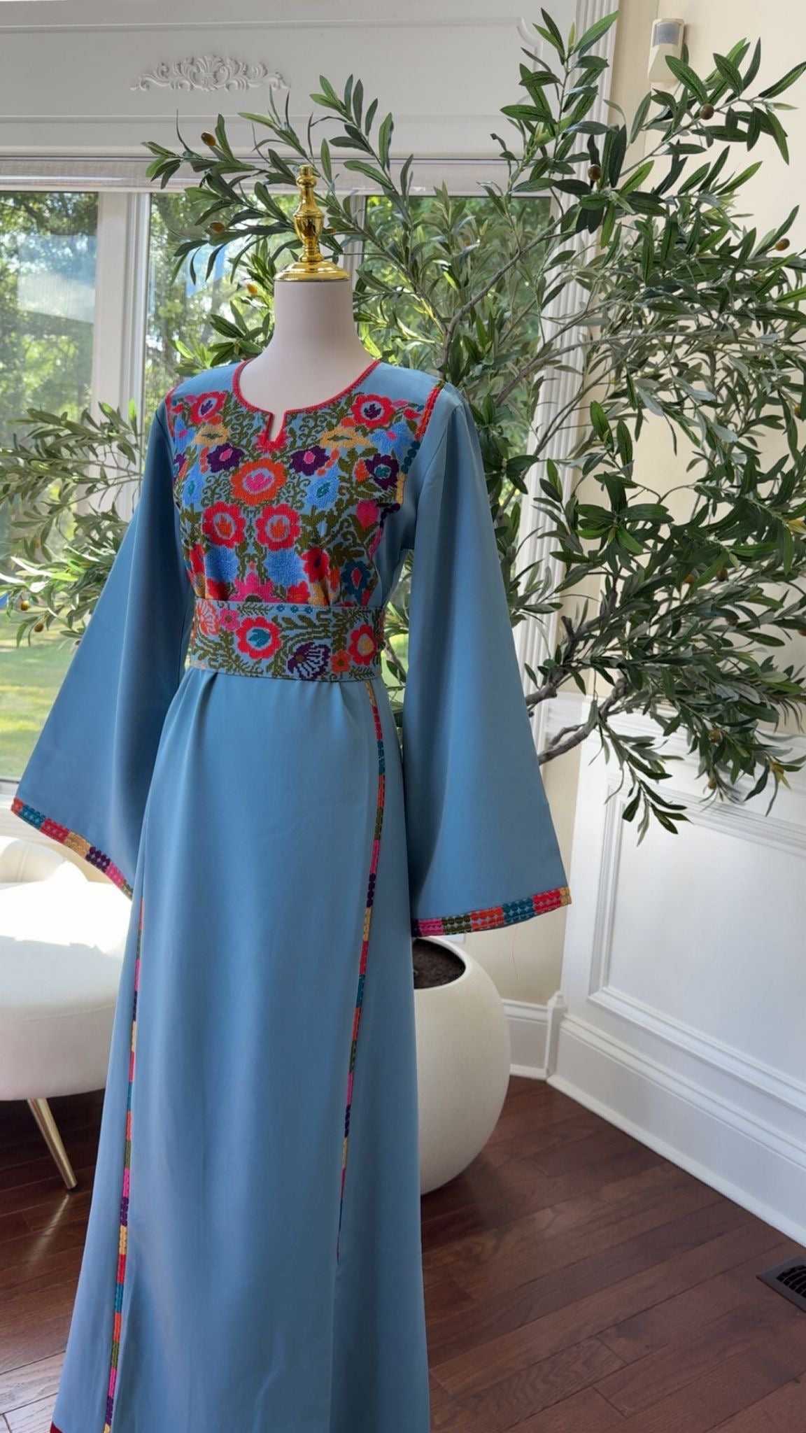 Blue Elegance with Traditional Floral Embroidery
