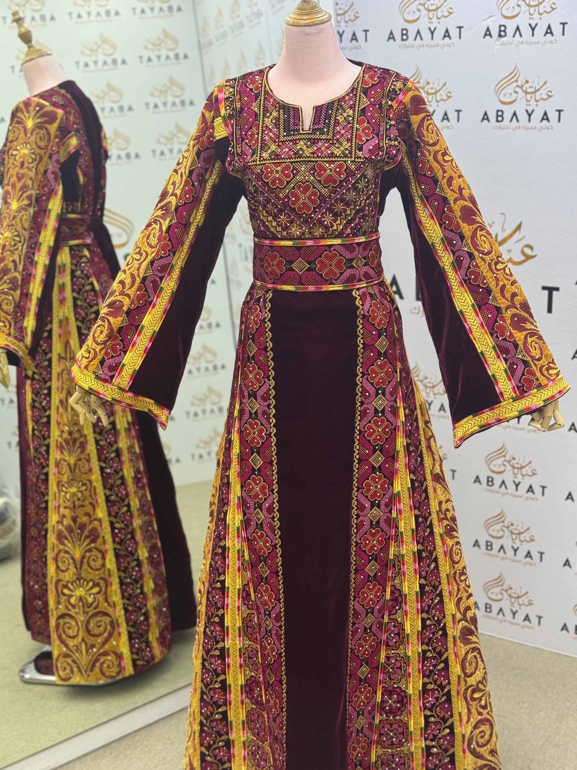 Royal Burgundy Velvet Palestinian Thobe – Golden Embroidery