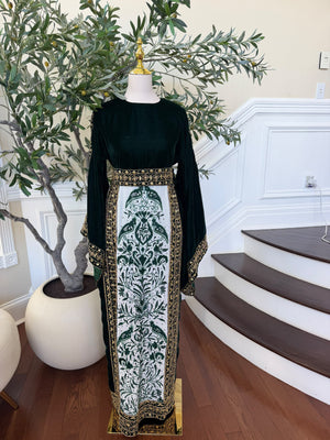 Elegant Black Velvet Thobe with Emerald Green Embroidery and Gold Detailing