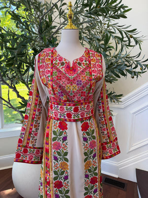 Beige Embroidery Embellished Tatreez Floral Sabal Kharaz Thobe