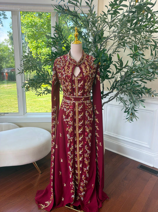 Burgundy Red Beaded Sequin Floral Kuftan