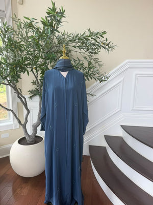 Blue Beaded Nada Fabric Charm Abaya