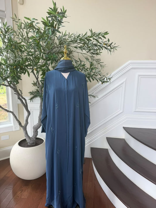 Blue Beaded Nada Fabric Charm Abaya