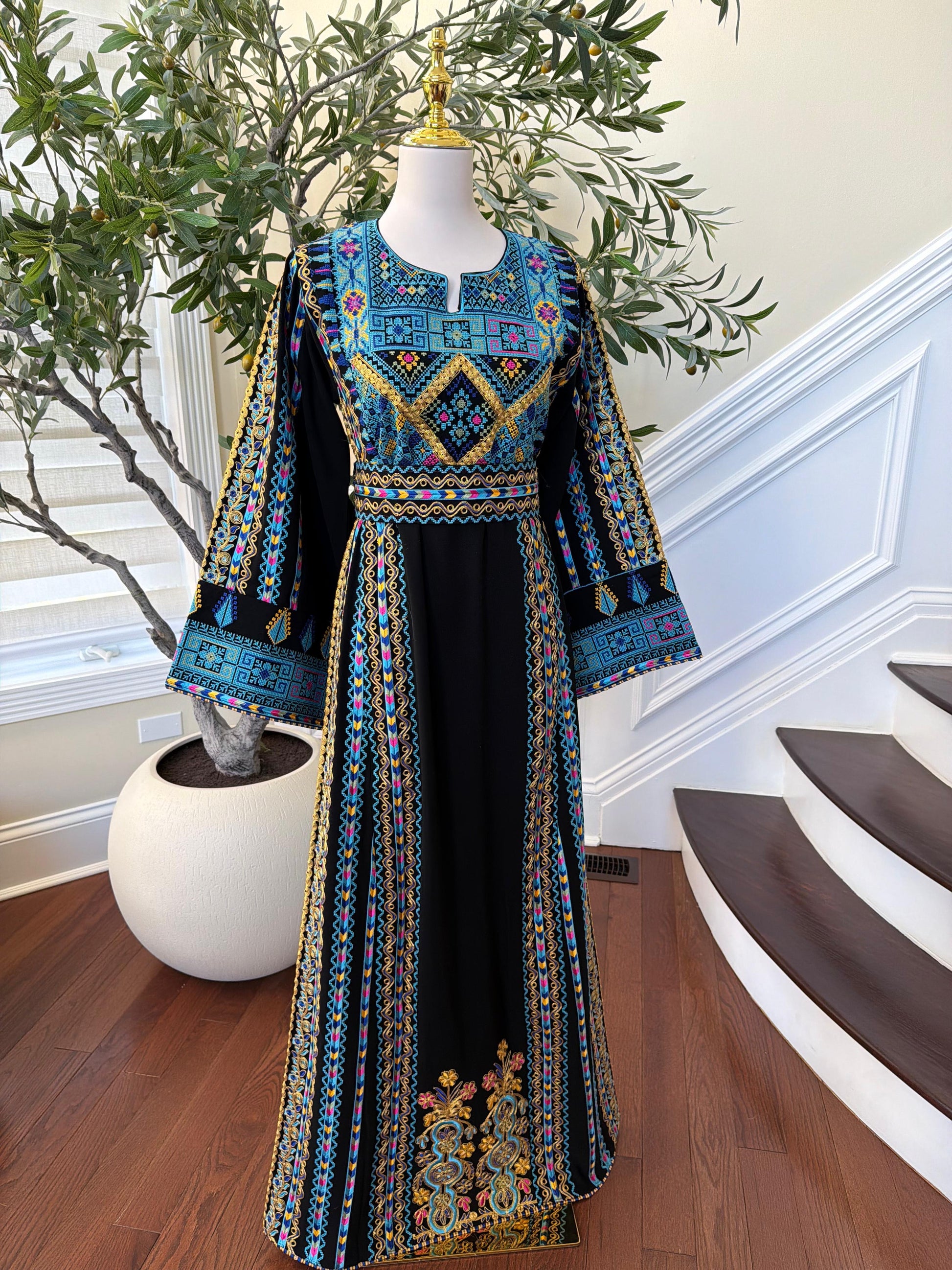 Black Embroidery Tatreez Traditional Blue Thobe
