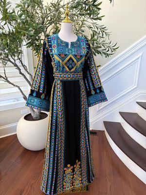 Black Embroidery Tatreez Traditional Blue Thobe