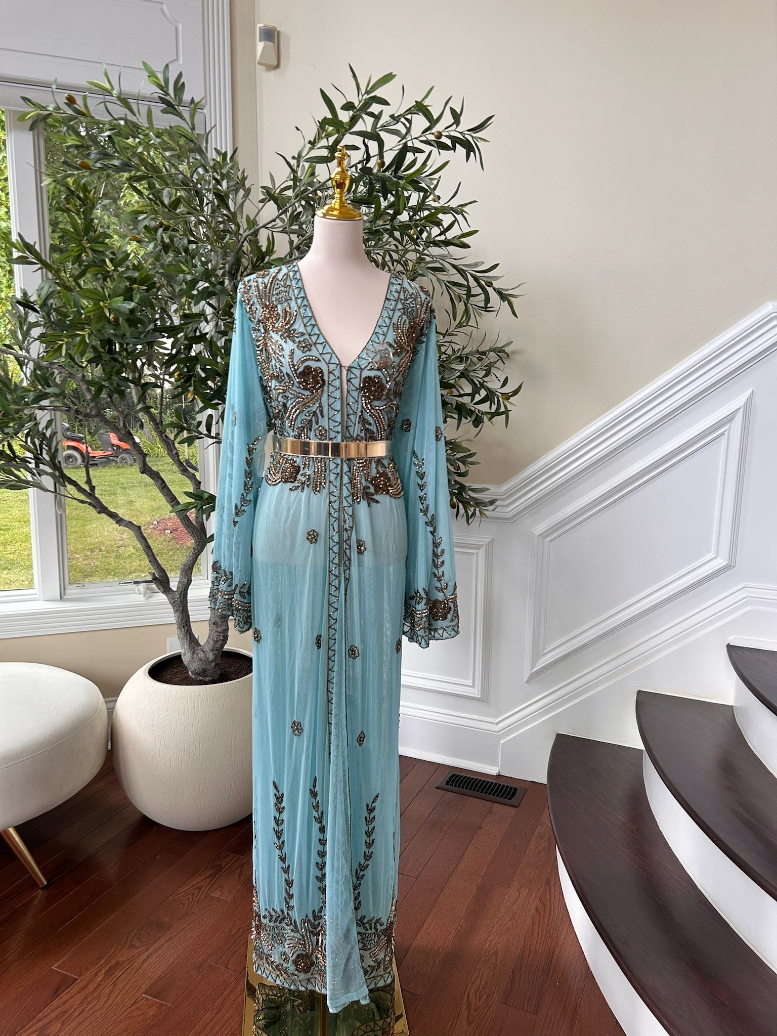Mint Blue Golden Charm Cardigan Abaya