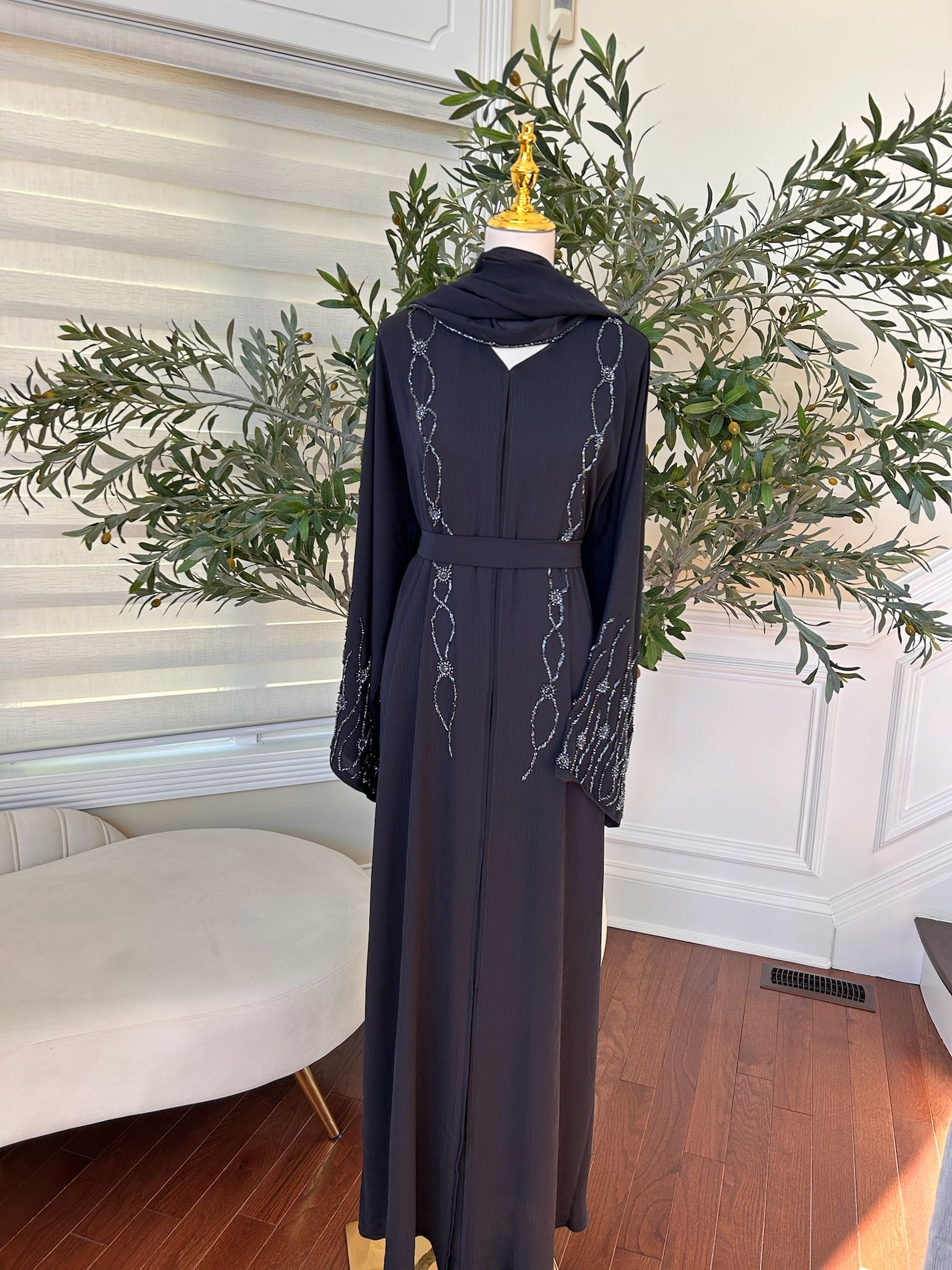 Navy Blue Floral Charm Abaya