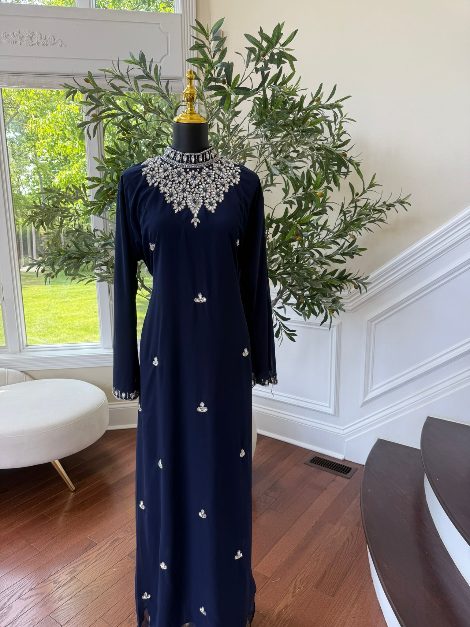 Navy High Neck Crystal Embellished Maxi Dress