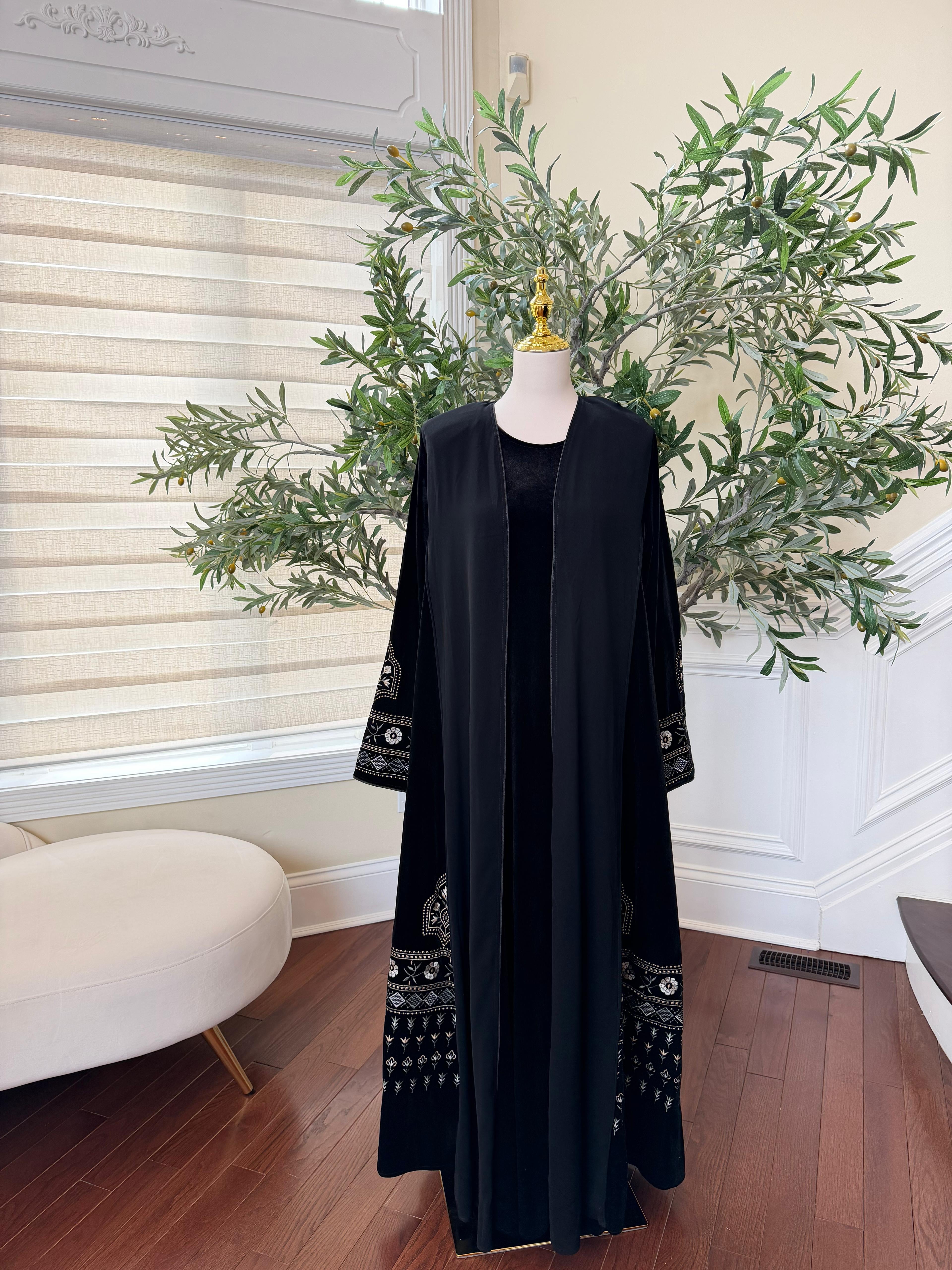 Black Velvet with Chiffon Embroidery Abaya Dress