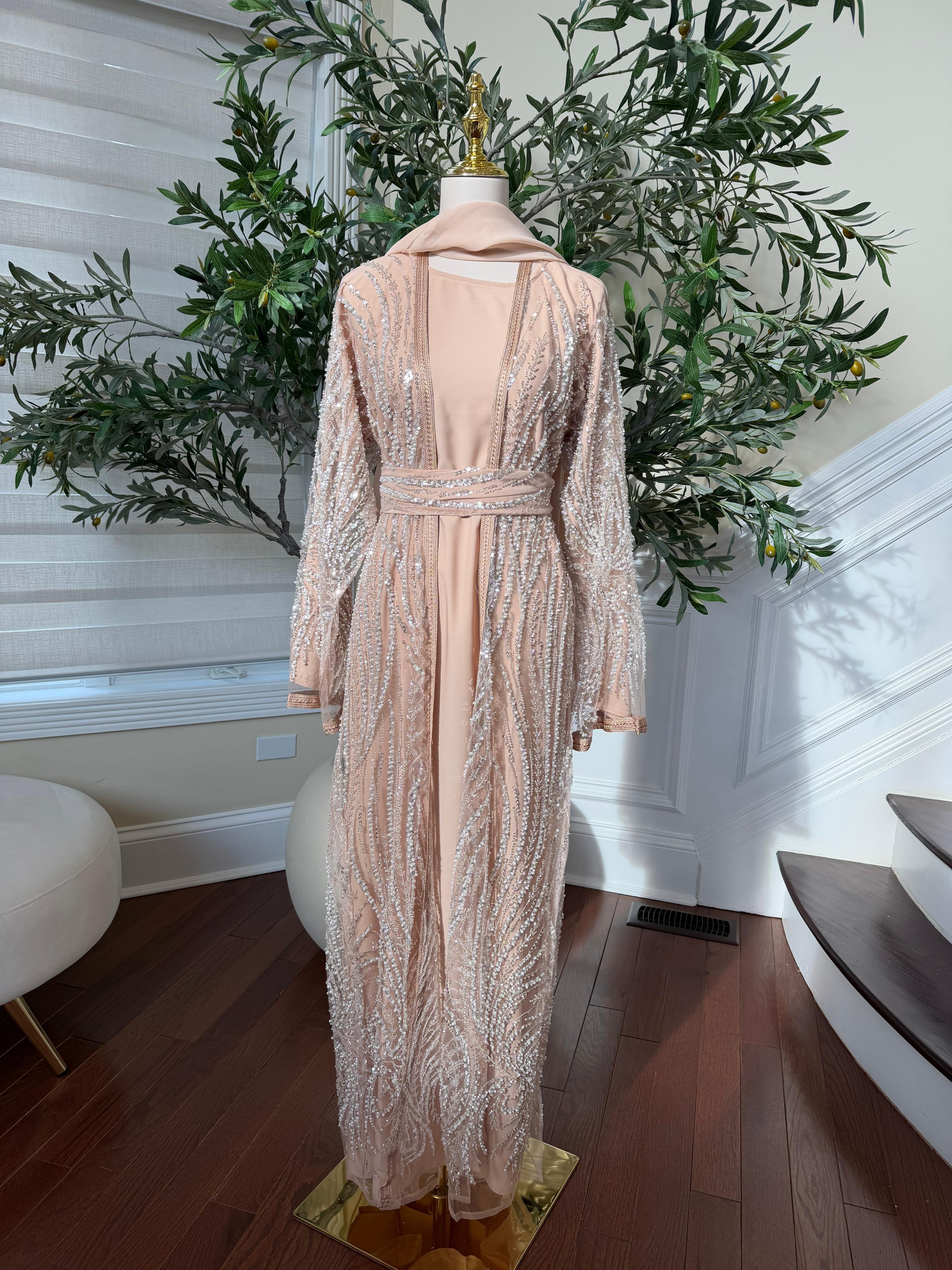 Peach Silver Sequin Beaded Abaya