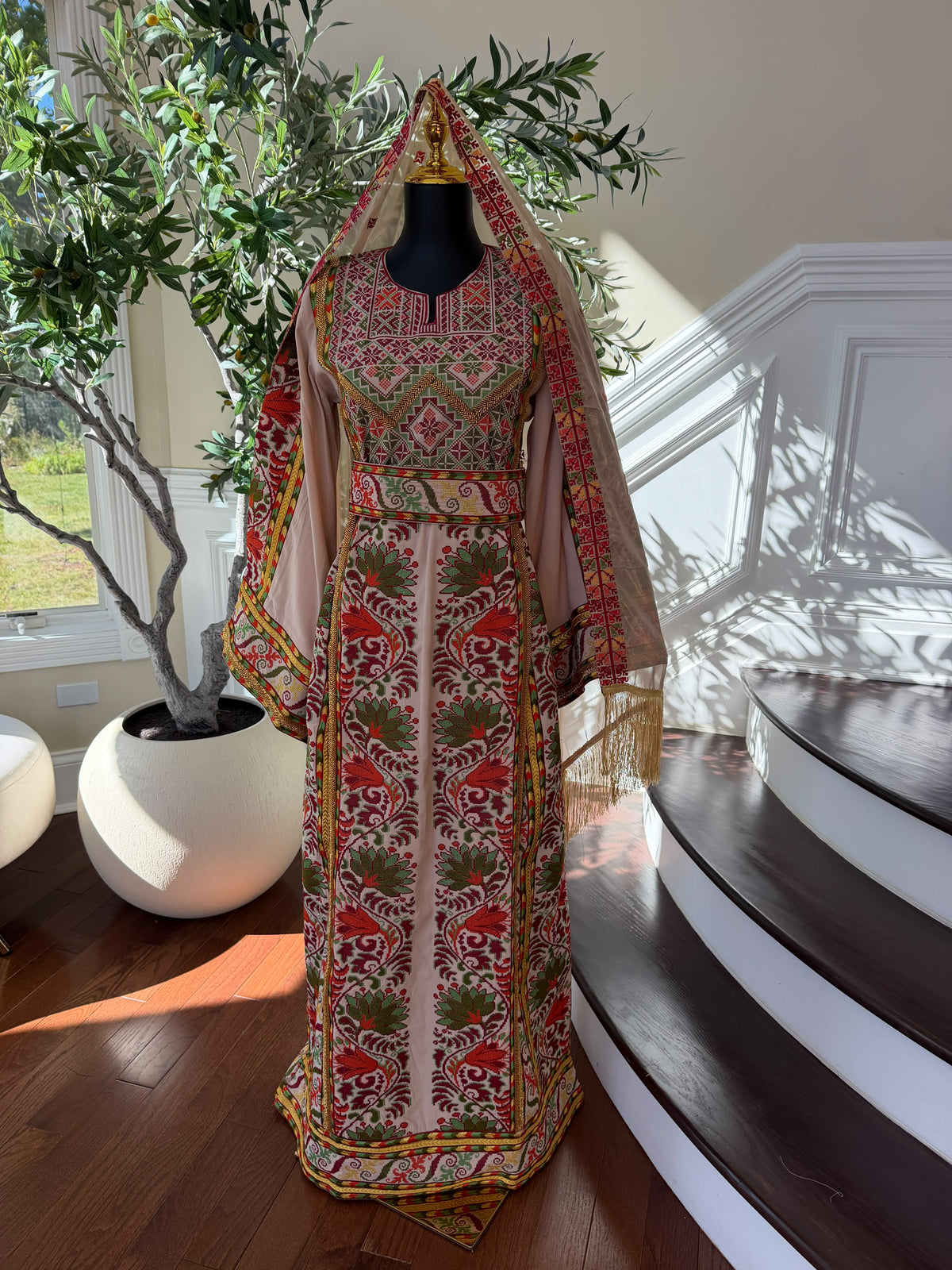 Elegant Cream Palestinian Embroidered Thobe with Traditional Red & Green Detailing (scarf not included)