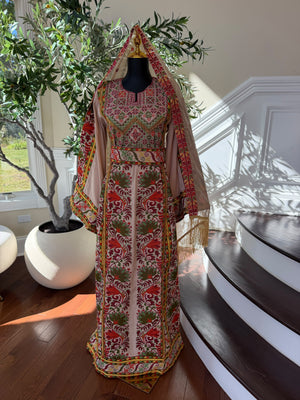 Elegant Cream Palestinian Embroidered Thobe with Traditional Red & Green Detailing (scarf not included)