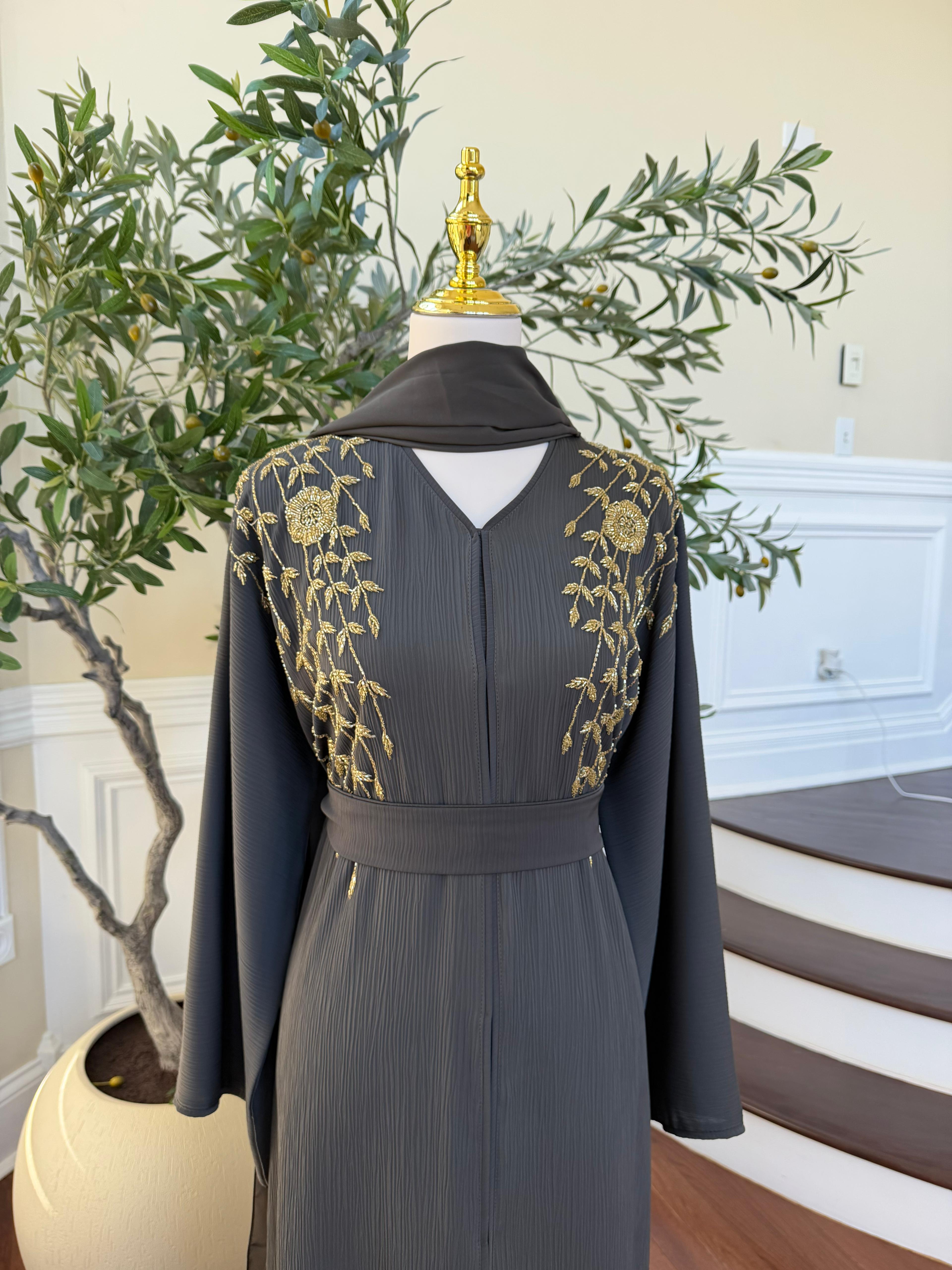 Golden Grey Beaded Floral Abaya