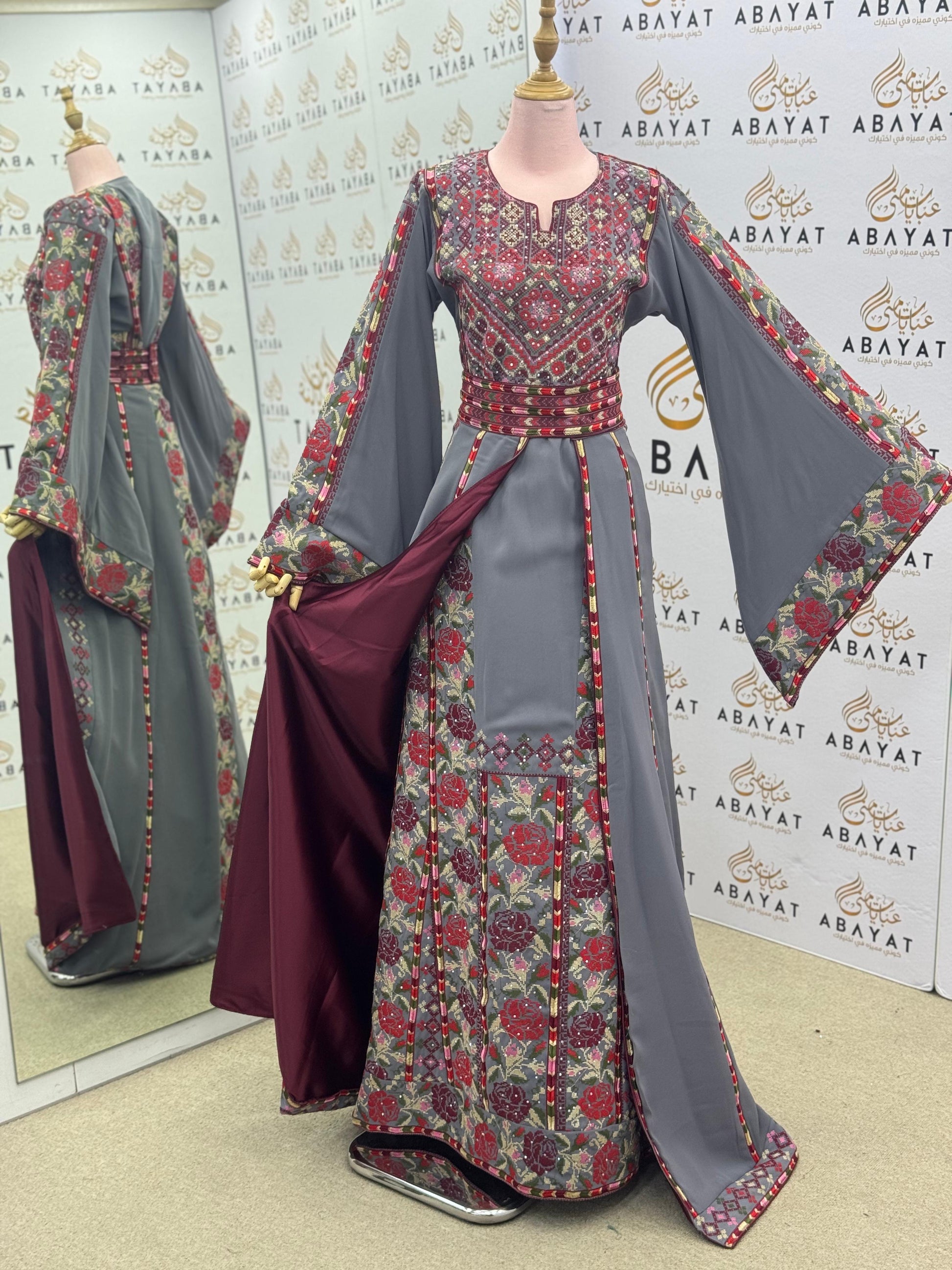 Elegant Grey & Burgundy Palestinian Embroidered Thobe – Floral Tatreez with Wide Sleeves”